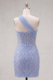 One Shoulder Corset Sparkly Grey Blue Tight Short Lace Homecoming Dress