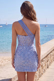 One Shoulder Corset Sparkly Grey Blue Tight Short Lace Homecoming Dress