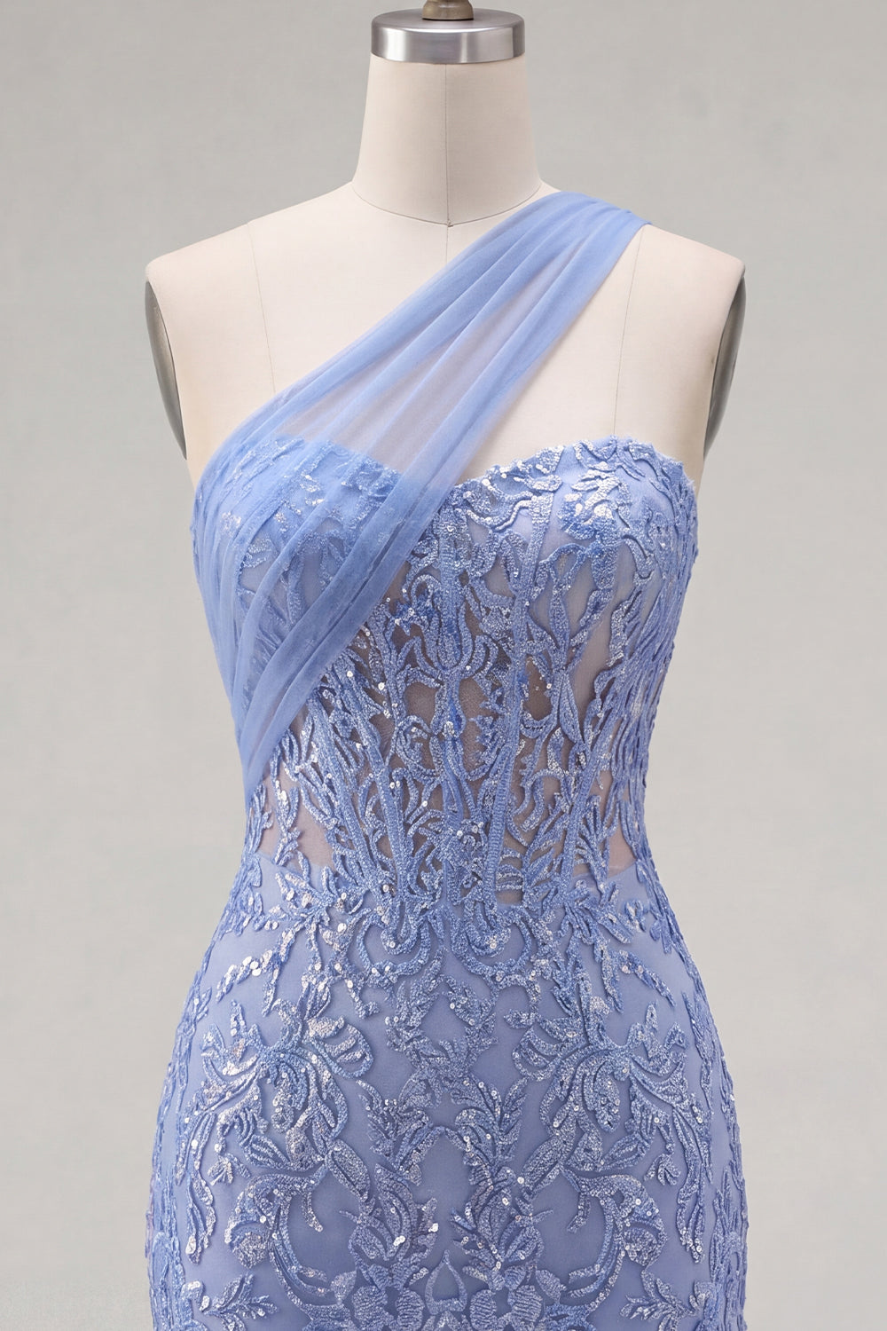 One Shoulder Corset Sparkly Grey Blue Tight Short Lace Homecoming Dress