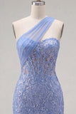 One Shoulder Corset Sparkly Grey Blue Tight Short Lace Homecoming Dress
