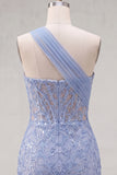 One Shoulder Corset Sparkly Grey Blue Tight Short Lace Homecoming Dress