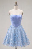 Sparkly Blue A Line Corset Floral Short Strapless Beaded Homecoming Dress