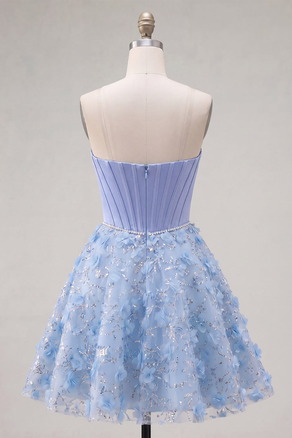 Sparkly Blue A Line Corset Floral Short Strapless Beaded Homecoming Dress