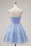 Sparkly Blue A Line Corset Floral Short Strapless Beaded Homecoming Dress