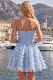 Sparkly Blue A Line Corset Floral Short Strapless Beaded Homecoming Dress