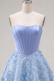 Sparkly Blue A Line Corset Floral Short Strapless Beaded Homecoming Dress