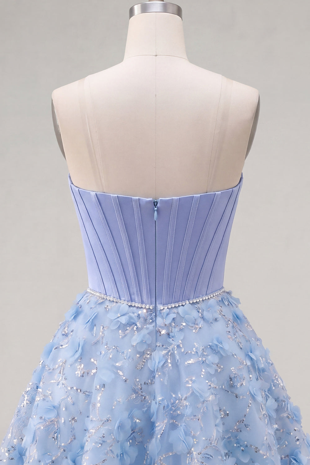 Sparkly Blue A Line Corset Floral Short Strapless Beaded Homecoming Dress