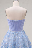 Sparkly Blue A Line Corset Floral Short Strapless Beaded Homecoming Dress