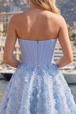 Sparkly Blue A Line Corset Floral Short Strapless Beaded Homecoming Dress