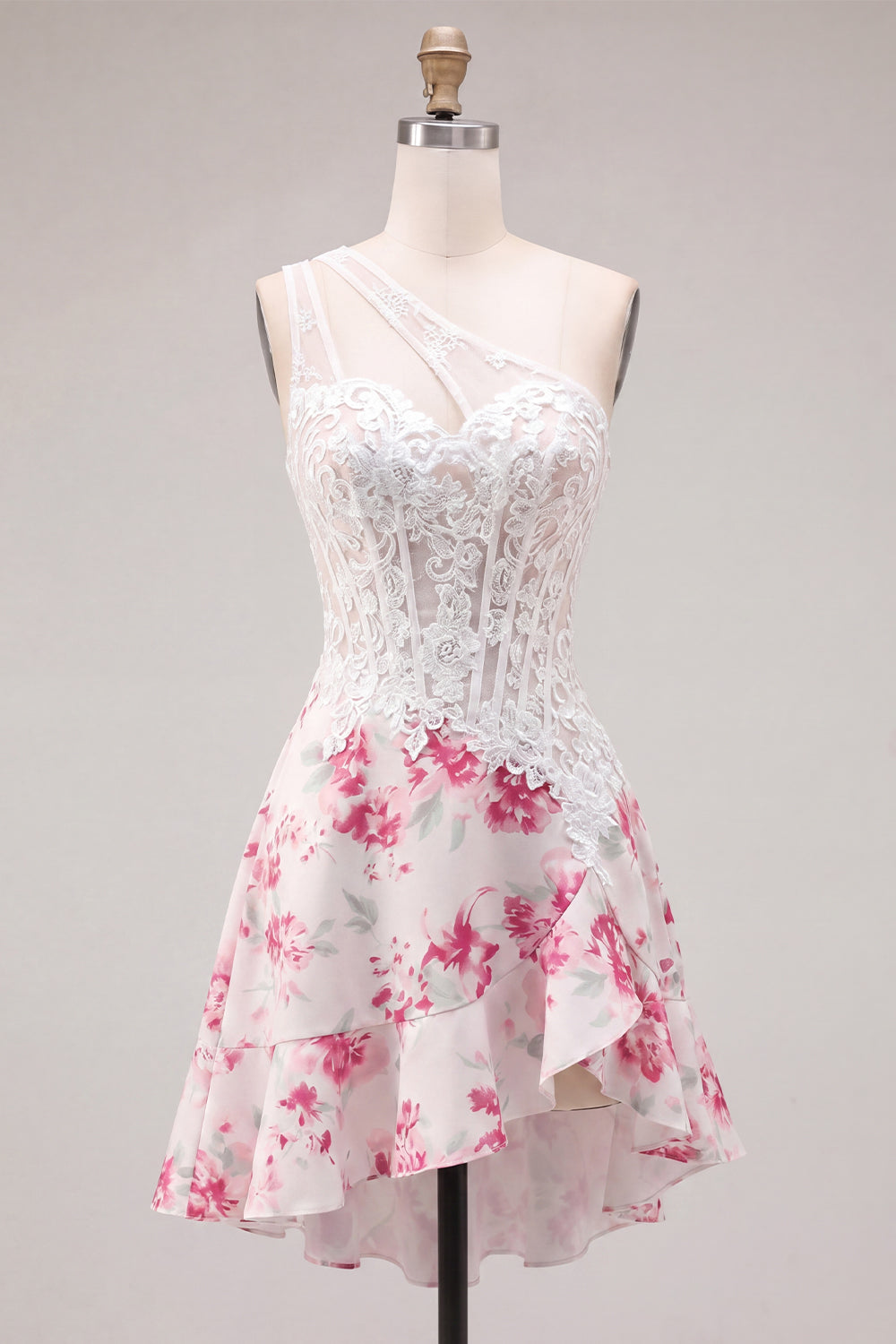 White Fuchsia Flower Keyhole A Line Short Corset Homecoming Dress with Ruffles