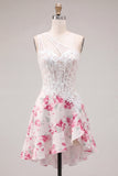 White Fuchsia Flower Keyhole A Line Short Corset Homecoming Dress with Ruffles