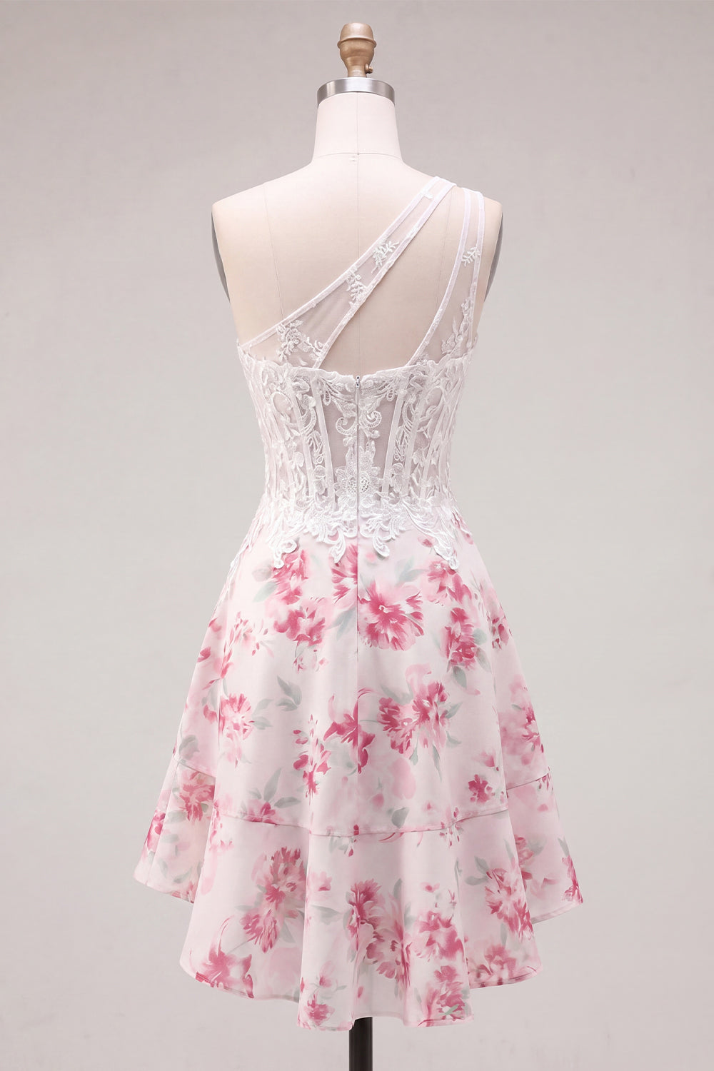 White Fuchsia Flower Keyhole A Line Short Corset Homecoming Dress with Ruffles
