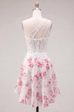 White Fuchsia Flower Keyhole A Line Short Corset Homecoming Dress with Ruffles