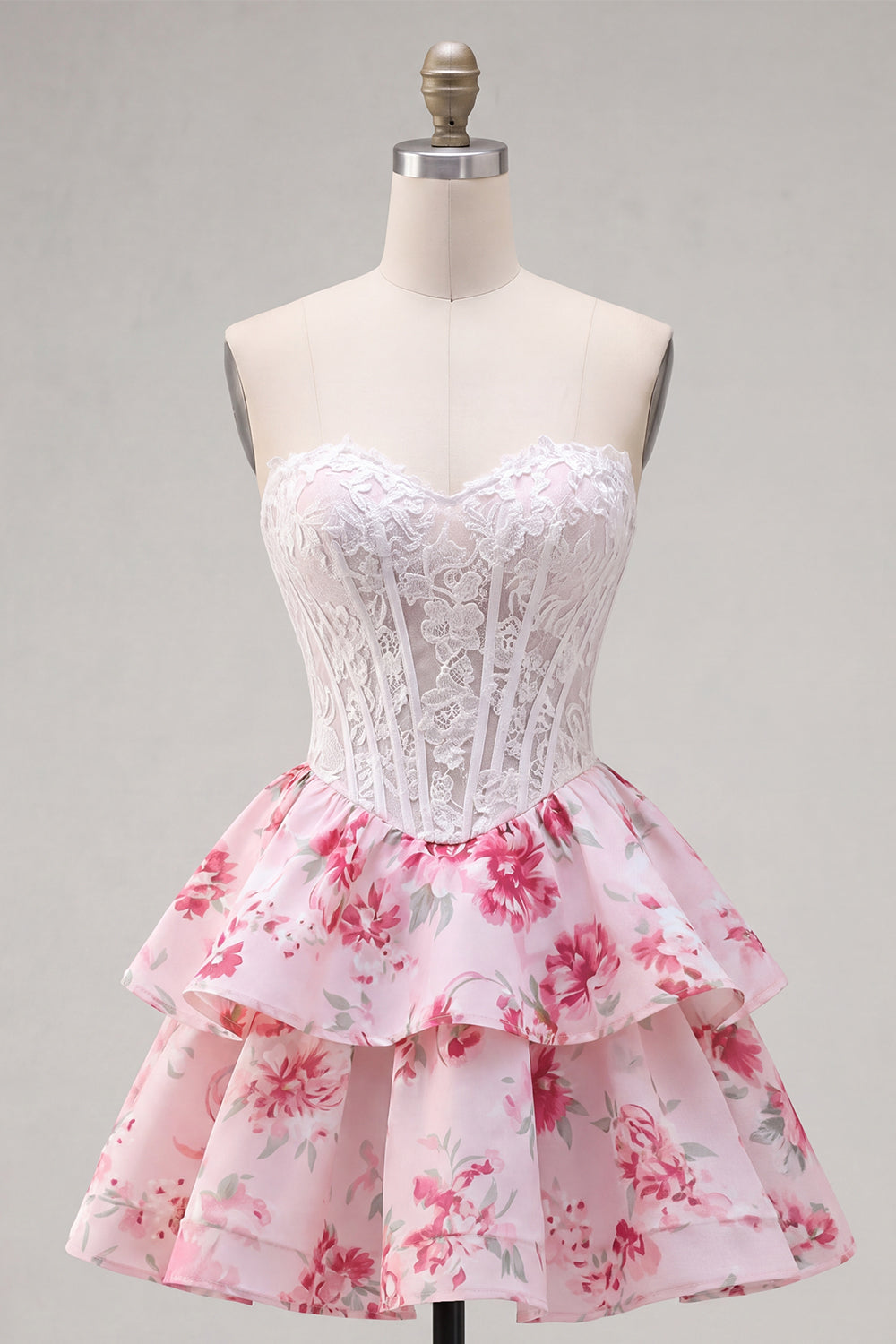 Strapless White Fuchsia Flower A Line Short Corset Homecoming Dress with Ruffles