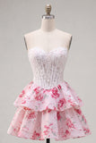 Strapless White Fuchsia Flower A Line Short Corset Homecoming Dress with Ruffles