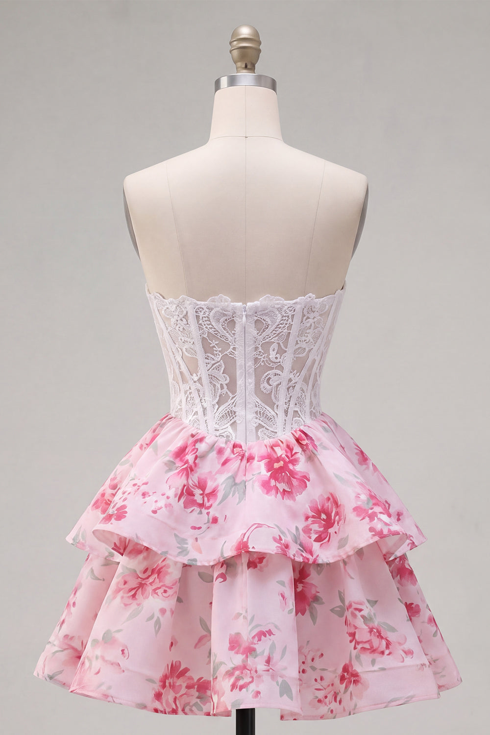 Strapless White Fuchsia Flower A Line Short Corset Homecoming Dress with Ruffles