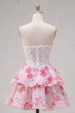 Strapless White Fuchsia Flower A Line Short Corset Homecoming Dress with Ruffles