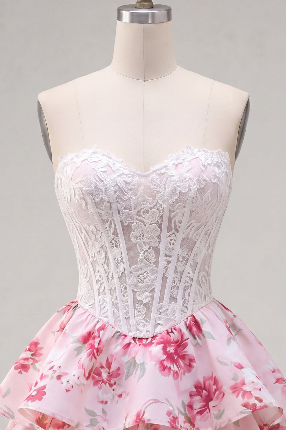 Strapless White Fuchsia Flower A Line Short Corset Homecoming Dress with Ruffles