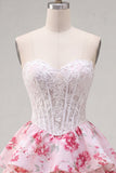 Strapless White Fuchsia Flower A Line Short Corset Homecoming Dress with Ruffles