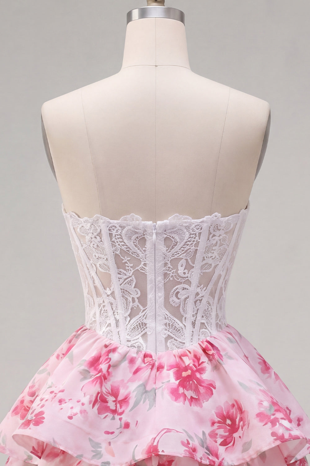 Strapless White Fuchsia Flower A Line Short Corset Homecoming Dress with Ruffles