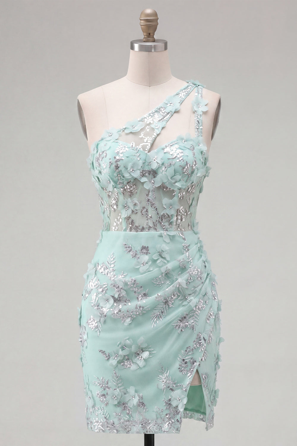 Floral Sparkly Mint Corset Tight Short Keyhole Beaded Homecoming Dress with Slit