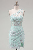 Floral Sparkly Mint Corset Tight Short Keyhole Beaded Homecoming Dress with Slit