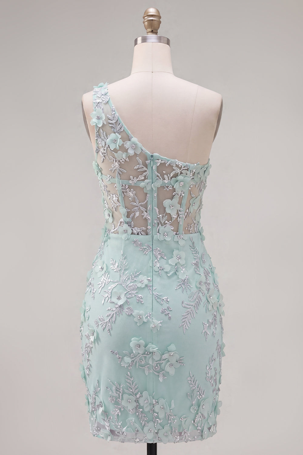 Floral Sparkly Mint Corset Tight Short Keyhole Beaded Homecoming Dress with Slit