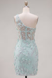 Floral Sparkly Mint Corset Tight Short Keyhole Beaded Homecoming Dress with Slit