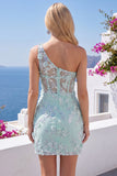 Floral Sparkly Mint Corset Tight Short Keyhole Beaded Homecoming Dress with Slit