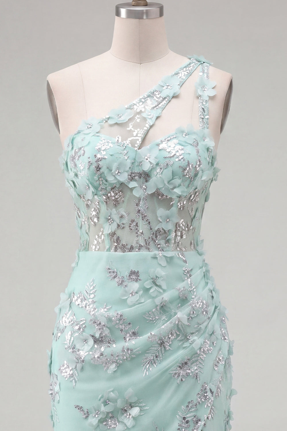 Floral Sparkly Mint Corset Tight Short Keyhole Beaded Homecoming Dress with Slit