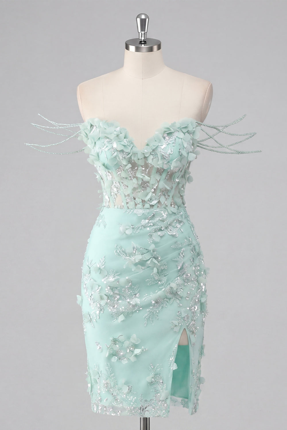 Sparkly Mint Corset Tight Short Floral Ruched Beaded Homecoming Dress with Slit