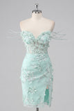 Sparkly Mint Corset Tight Short Floral Ruched Beaded Homecoming Dress with Slit