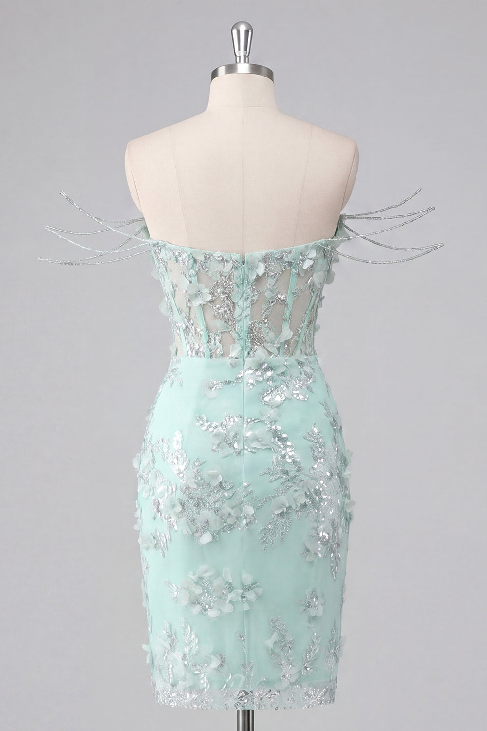 Sparkly Mint Corset Tight Short Floral Ruched Beaded Homecoming Dress with Slit