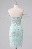 Sparkly Mint Corset Tight Short Floral Ruched Beaded Homecoming Dress with Slit