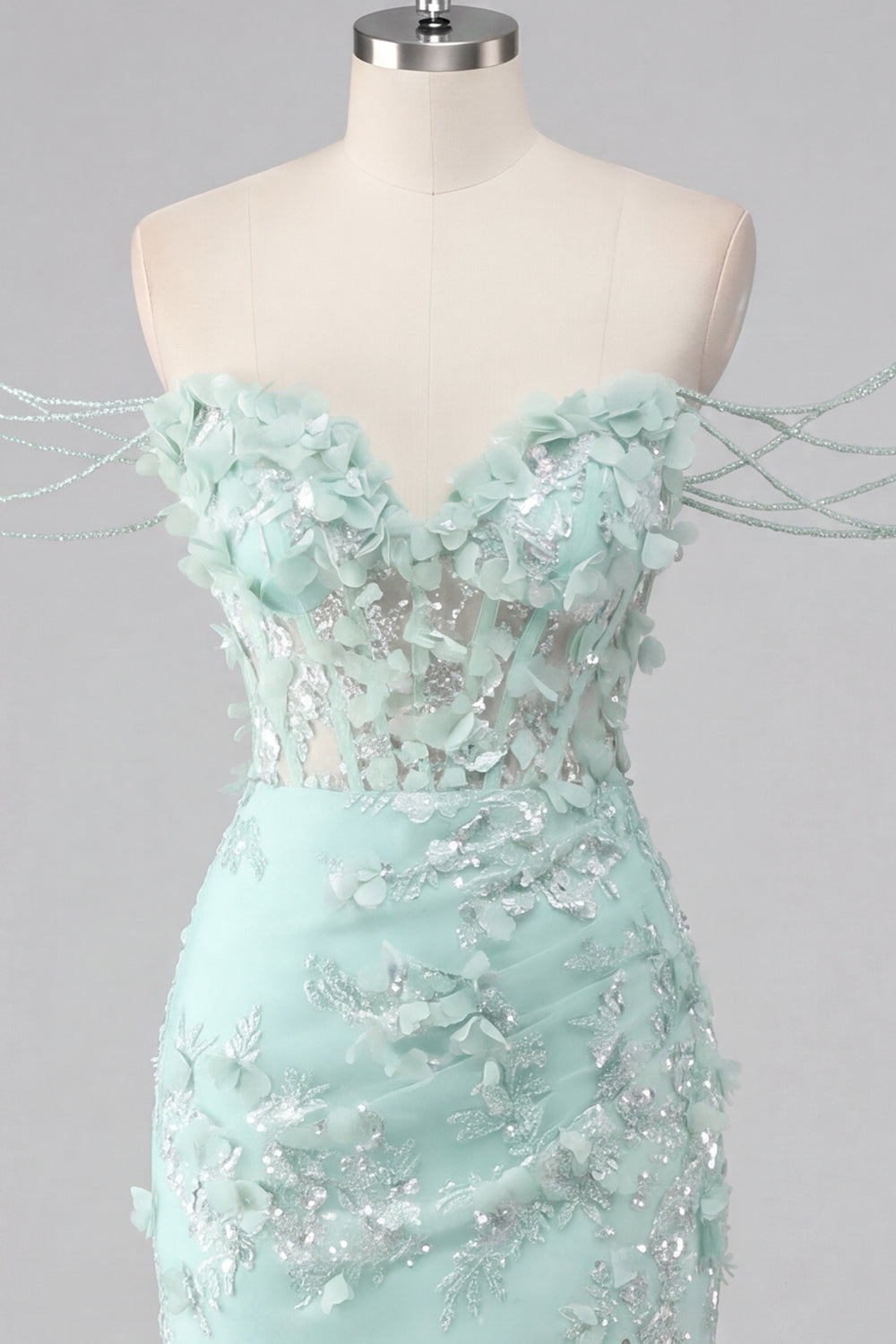 Sparkly Mint Corset Tight Short Floral Ruched Beaded Homecoming Dress with Slit