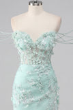 Sparkly Mint Corset Tight Short Floral Ruched Beaded Homecoming Dress with Slit