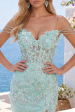 Sparkly Mint Corset Tight Short Floral Ruched Beaded Homecoming Dress with Slit