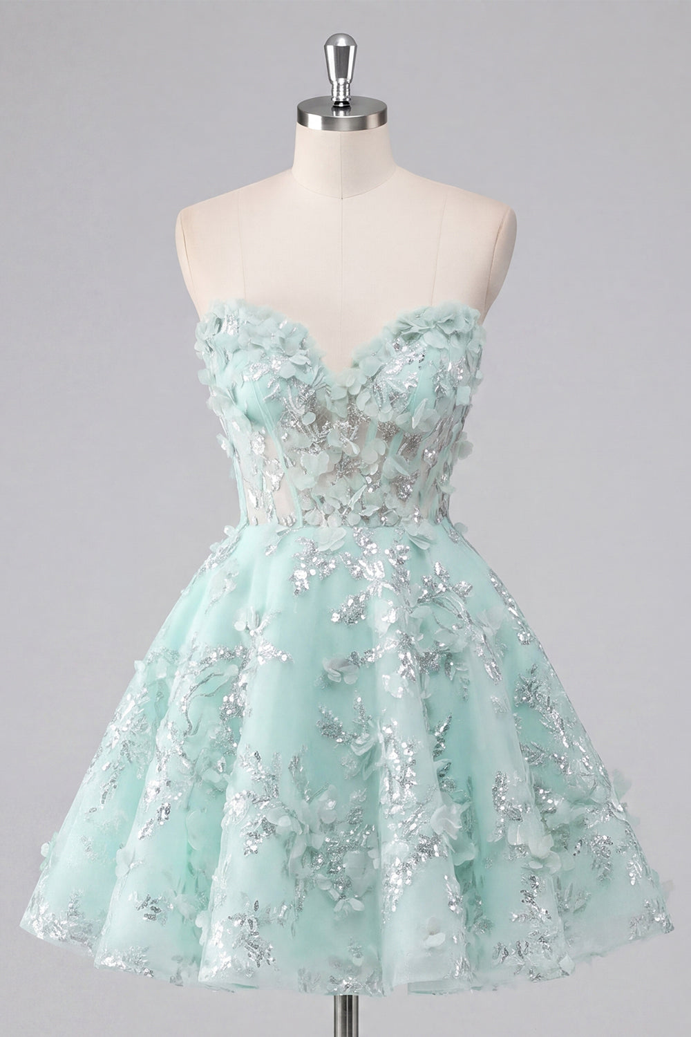Floral Sparkly Mint Corset Short Sweetheart A Line Beaded Homecoming Dress