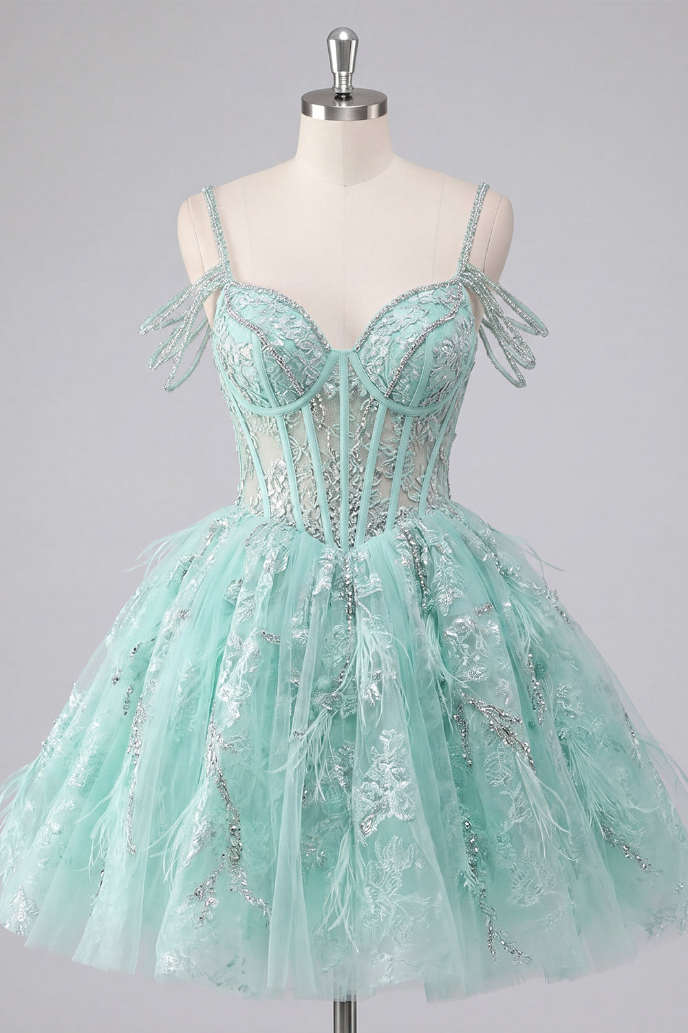 Cold Shoulder Floral Sparkly Mint Corset Short A Line Beaded Homecoming Dress