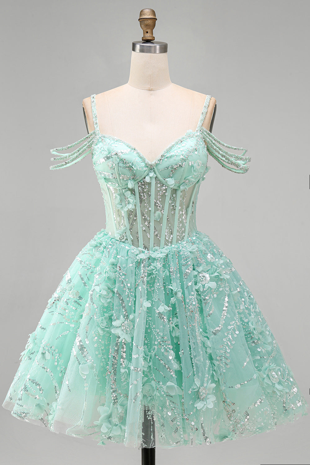 Cold Shoulder Floral Sparkly Mint Corset Short A Line Beaded Homecoming Dress