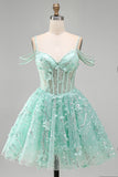 Cold Shoulder Floral Sparkly Mint Corset Short A Line Beaded Homecoming Dress