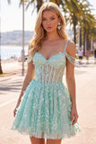 Cold Shoulder Floral Sparkly Mint Corset Short A Line Beaded Homecoming Dress