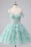 Cold Shoulder Floral Sparkly Mint Corset Short A Line Beaded Homecoming Dress