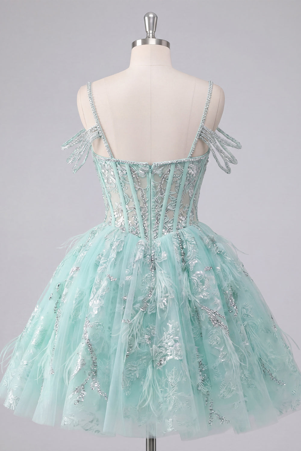 Cold Shoulder Floral Sparkly Mint Corset Short A Line Beaded Homecoming Dress