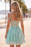 Cold Shoulder Floral Sparkly Mint Corset Short A Line Beaded Homecoming Dress