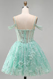 Cold Shoulder Floral Sparkly Mint Corset Short A Line Beaded Homecoming Dress