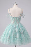 Cold Shoulder Floral Sparkly Mint Corset Short A Line Beaded Homecoming Dress