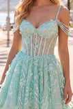 Cold Shoulder Floral Sparkly Mint Corset Short A Line Beaded Homecoming Dress