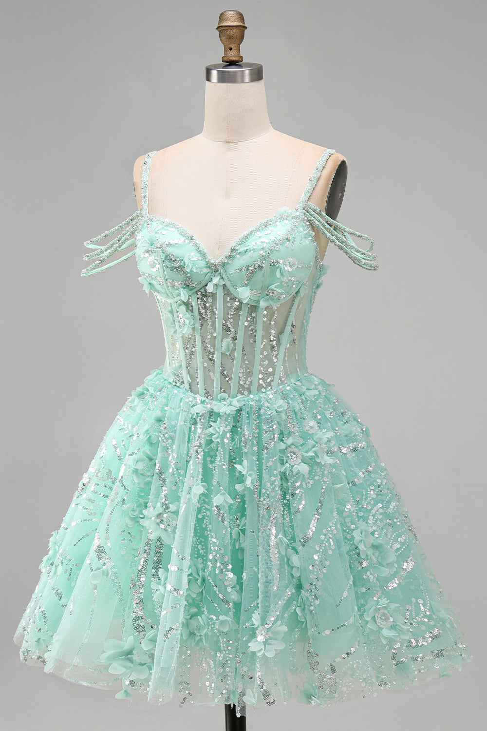 Cold Shoulder Floral Sparkly Mint Corset Short A Line Beaded Homecoming Dress