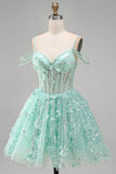 Cold Shoulder Floral Sparkly Mint Corset Short A Line Beaded Homecoming Dress